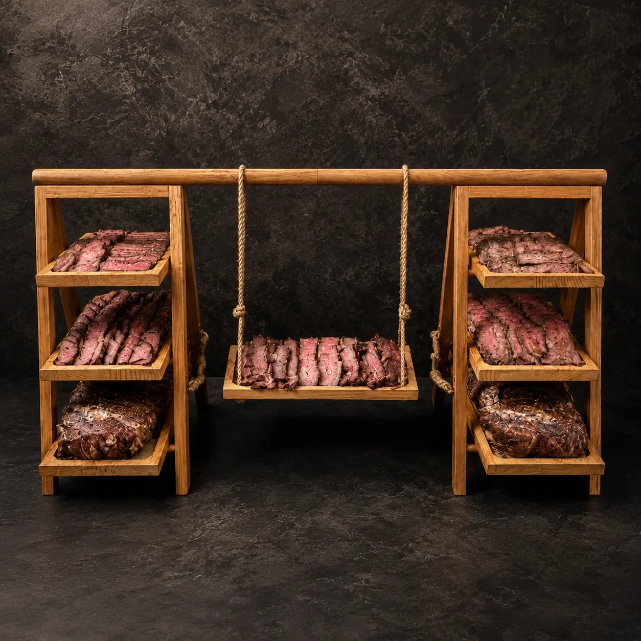 Two wooden multi-tier display stands connected by a suspended center tray, each level holding sliced meats