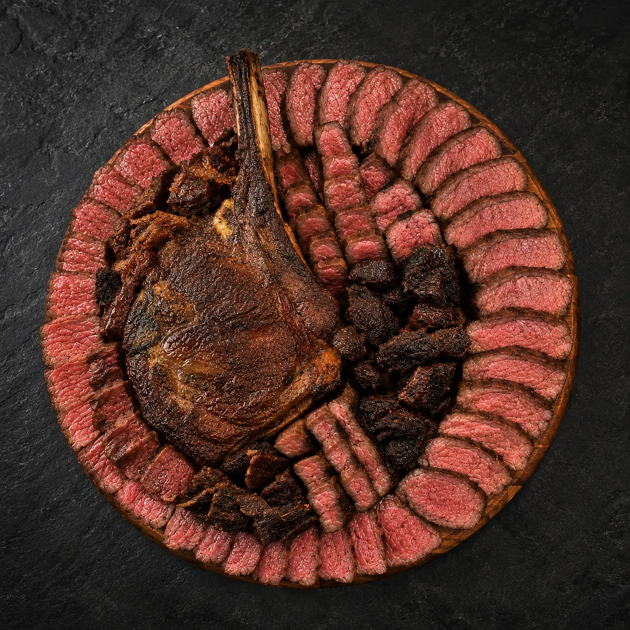 Round 13 inch wooden cowboy board layered with sliced smoked meats