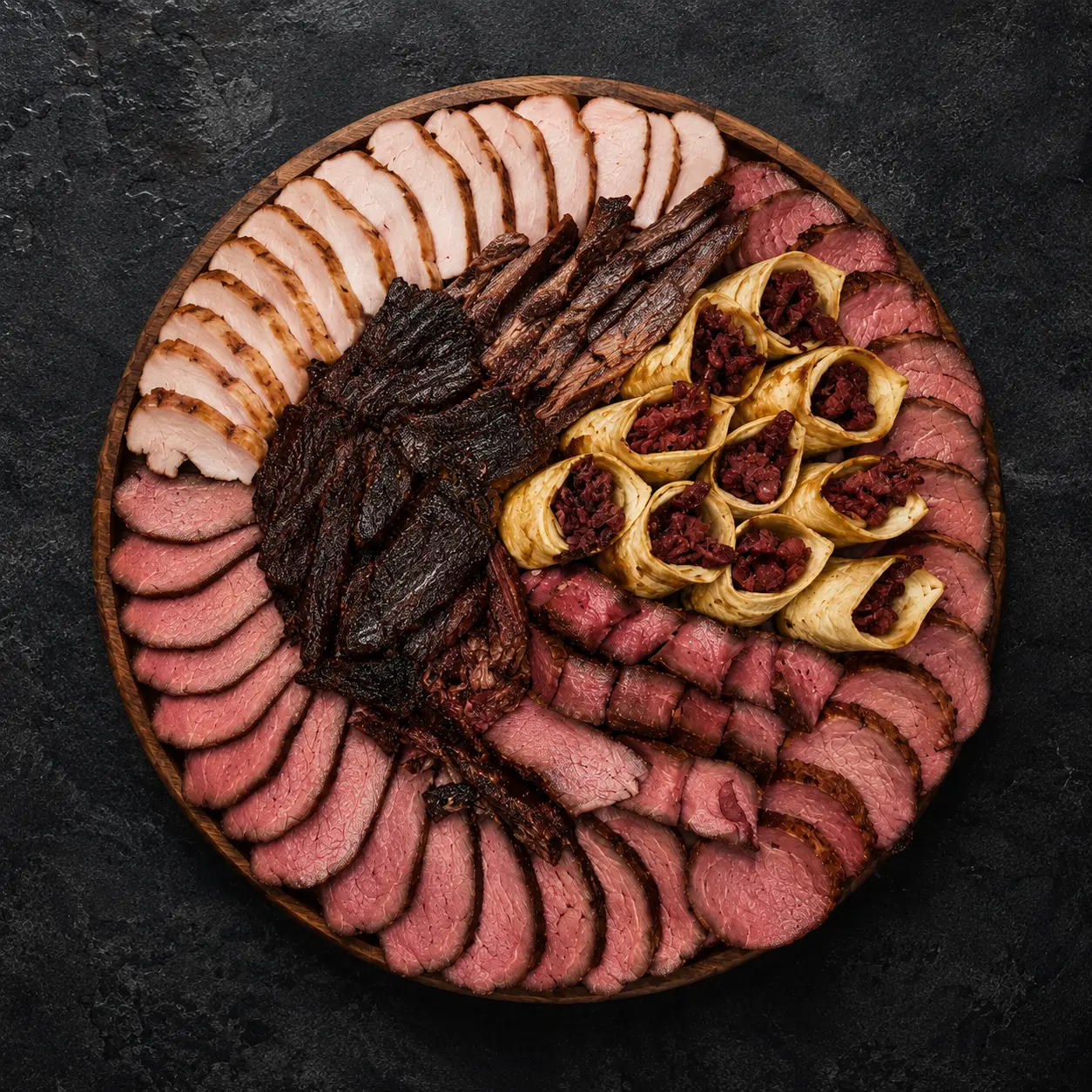 Round 12 inch wooden board with bite-size finger food meat rolls