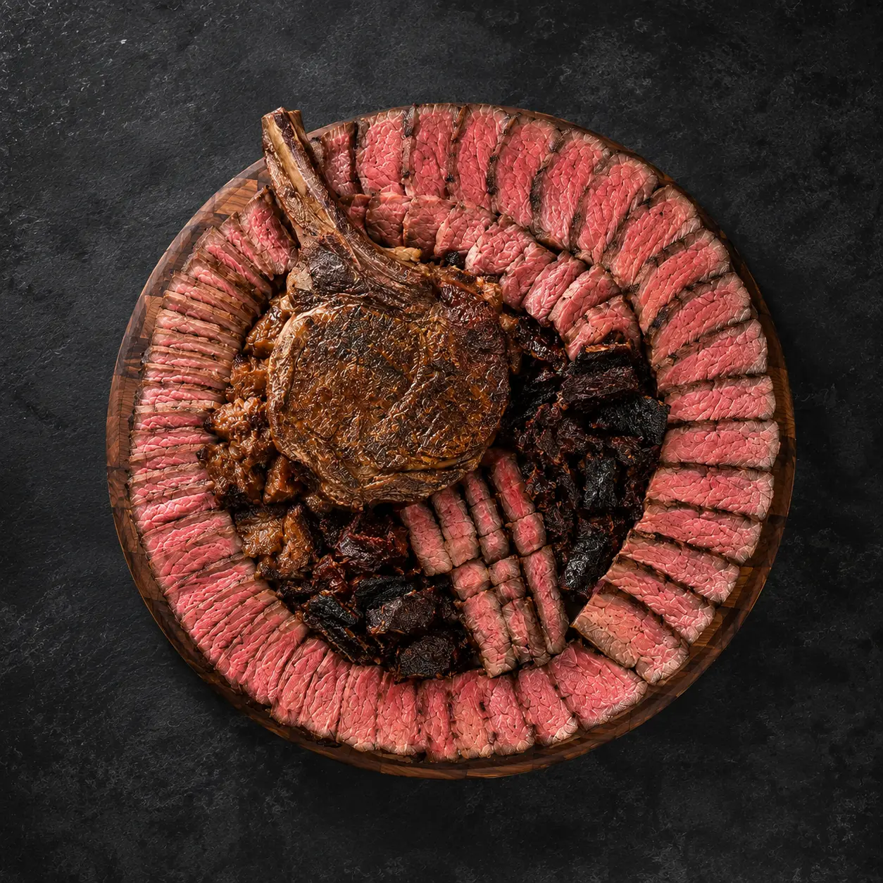 Large round 14 inch cowboy board with dramatic layered sliced meats