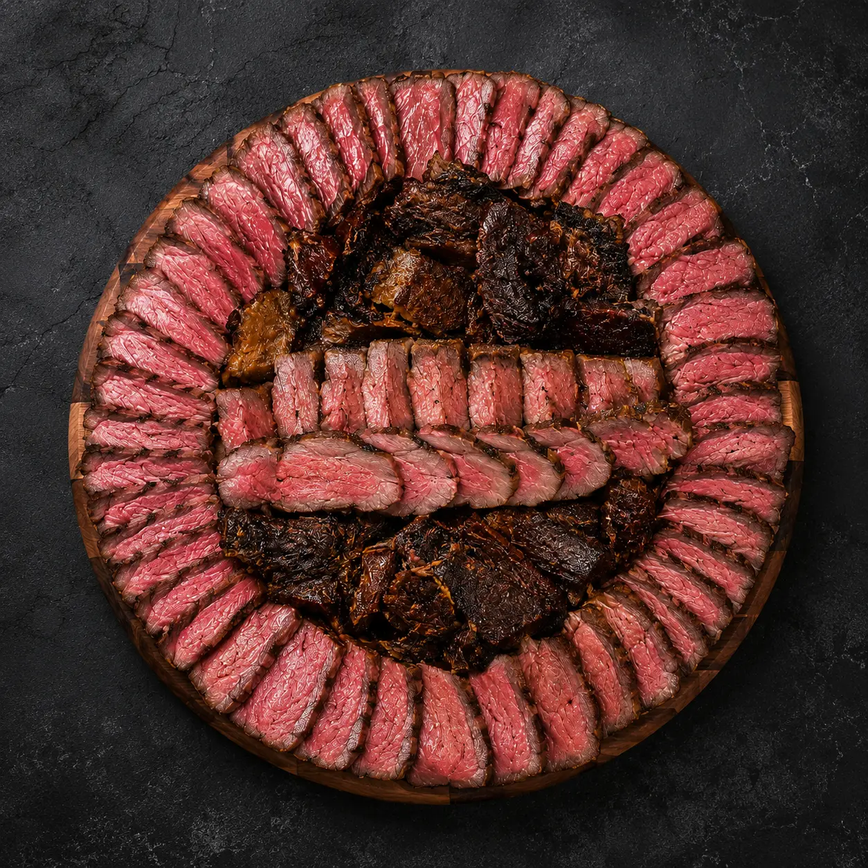 Large round 14 inch wooden board with concentric circles of sliced meats