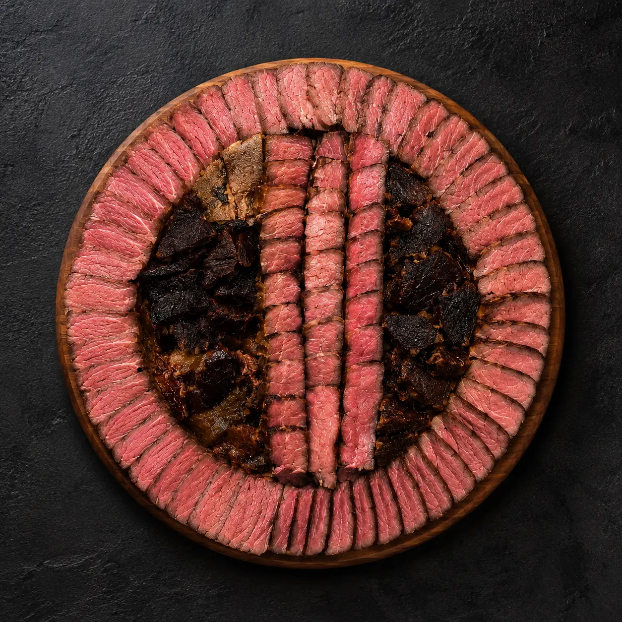 Round 12 inch wooden board with sliced meats arranged in a circular pattern