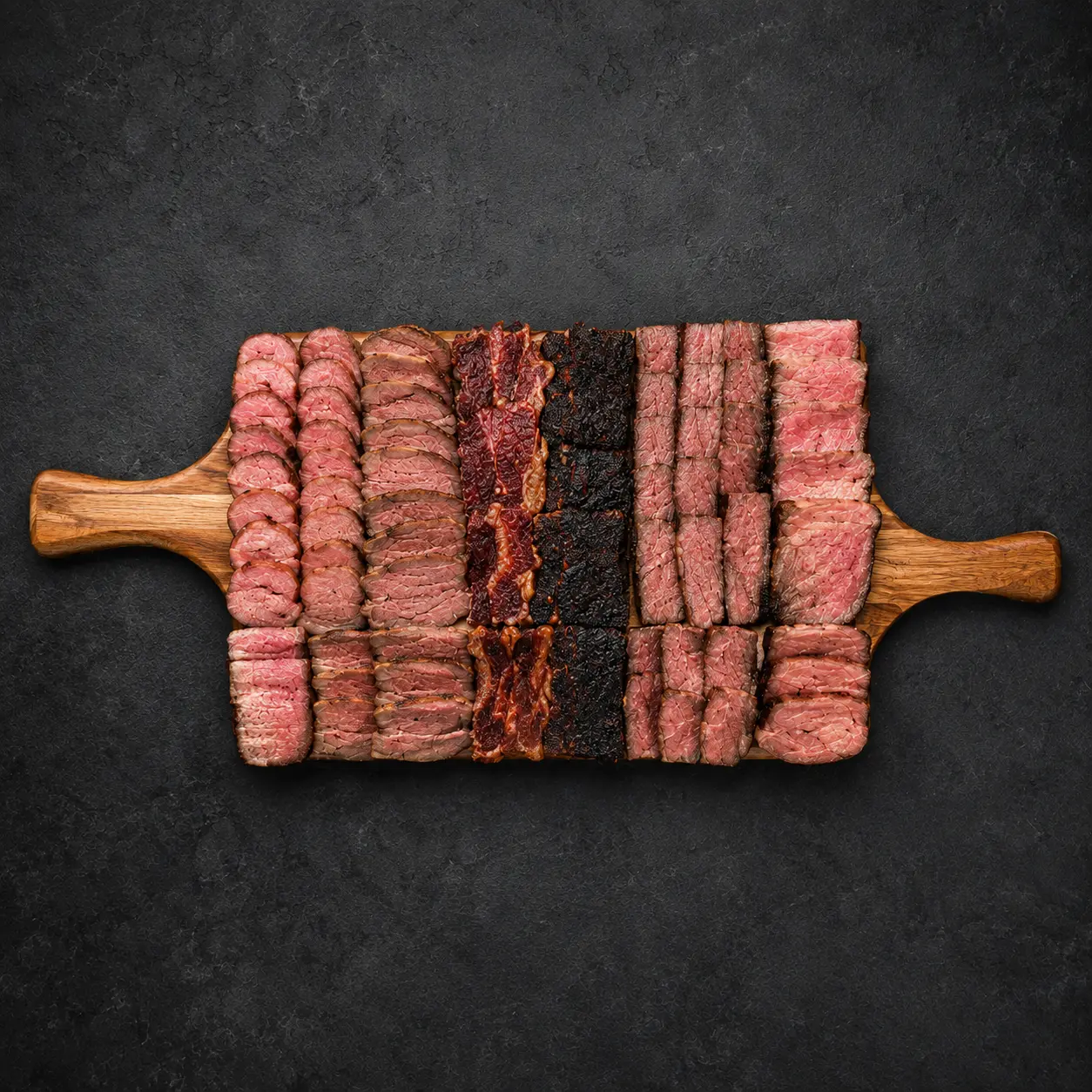 Wooden 12 by 6 inch paddle board with neatly arranged sliced meats on a dark stone surface