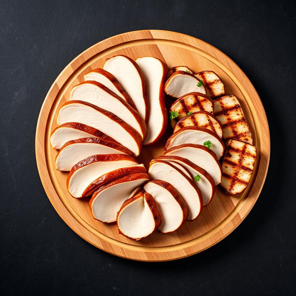 Round wooden board with sliced chicken arranged in a fan pattern