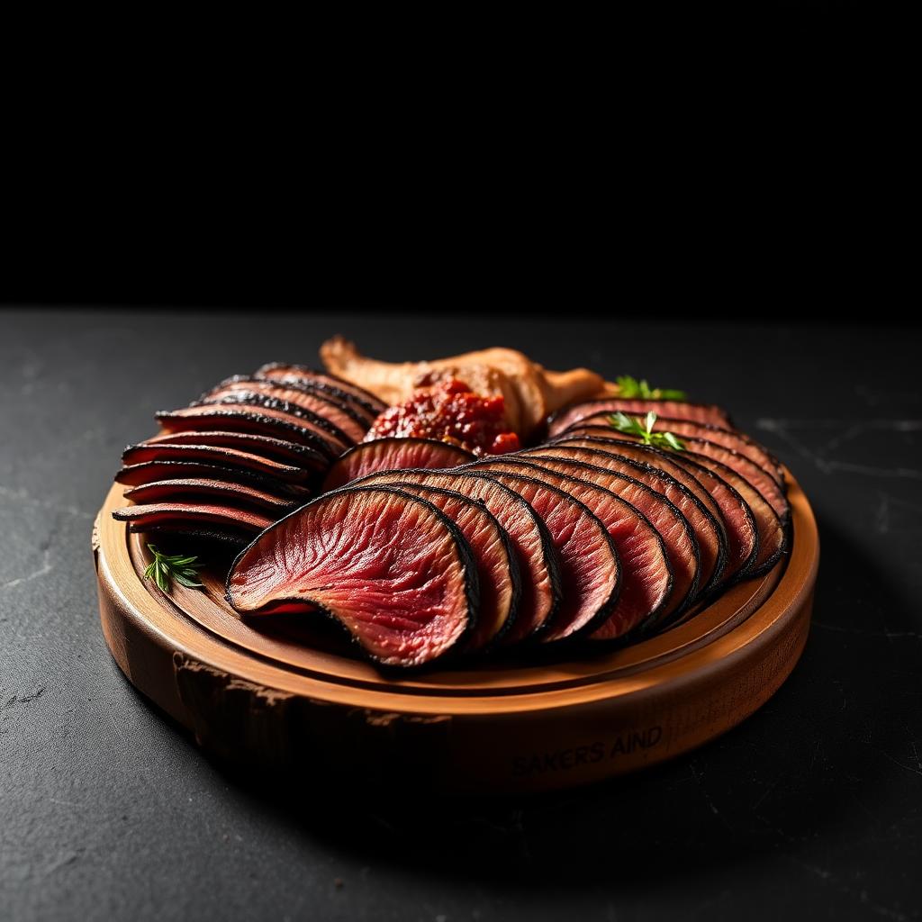 Round 13 inch wooden cowboy board layered with sliced smoked meats