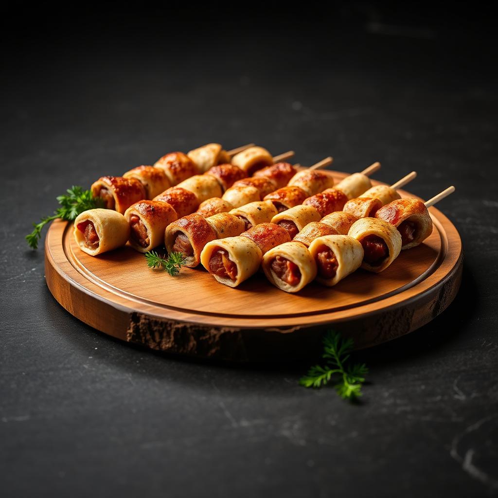 Round 12 inch wooden board with bite-size finger food meat rolls