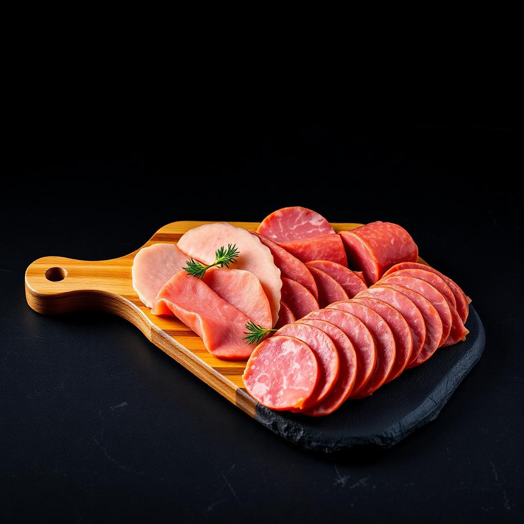 Wooden 12 by 6 inch paddle board with neatly arranged sliced meats on a dark stone surface