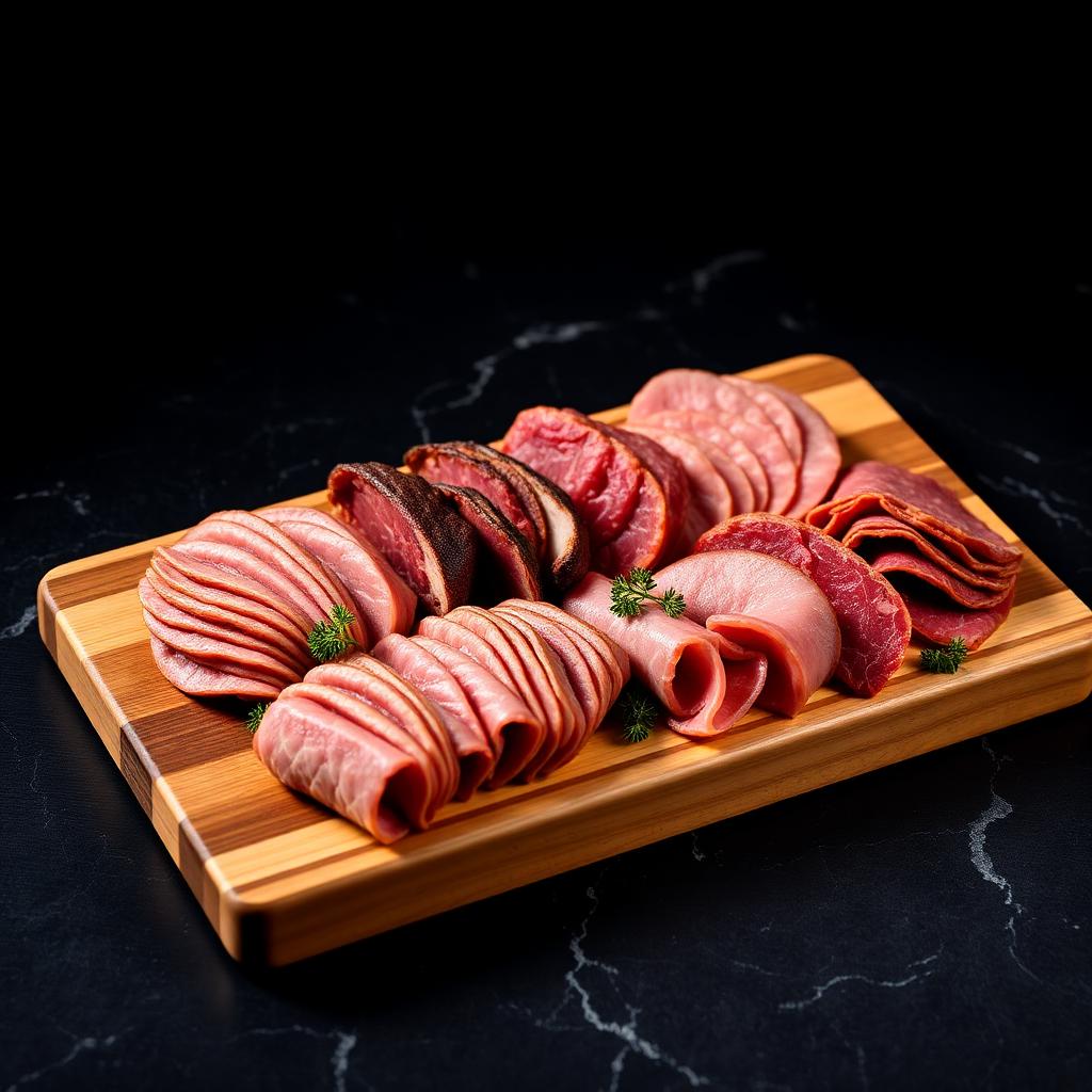 Rectangular 12 by 10 inch wooden meat board with rows of sliced meats