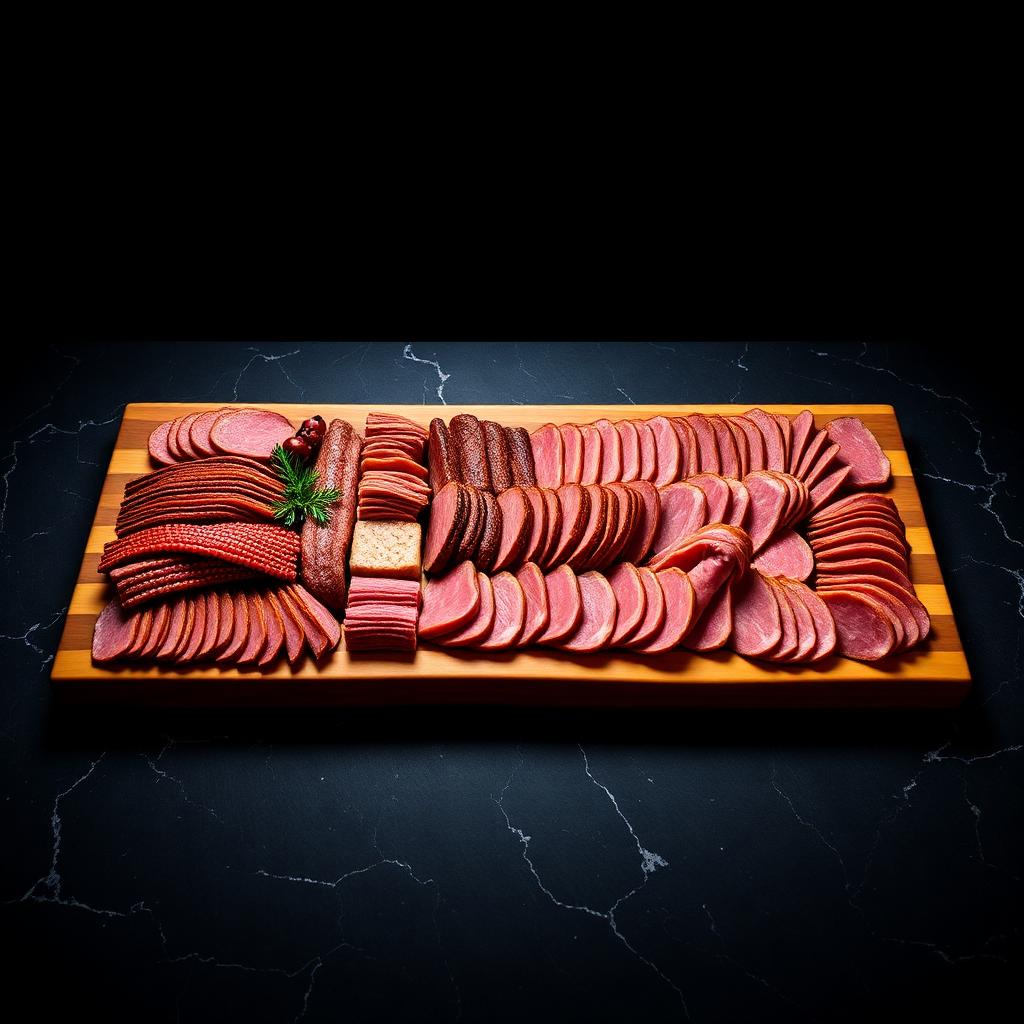 Extra large 12 by 18 inch wooden meat board covered with rows of sliced meats