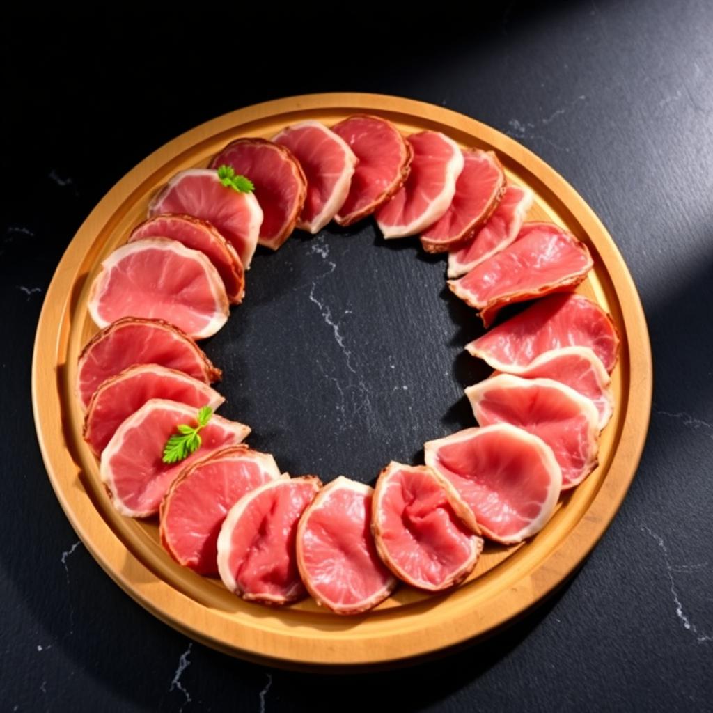 Round 12 inch wooden board with sliced meats arranged in a circular pattern