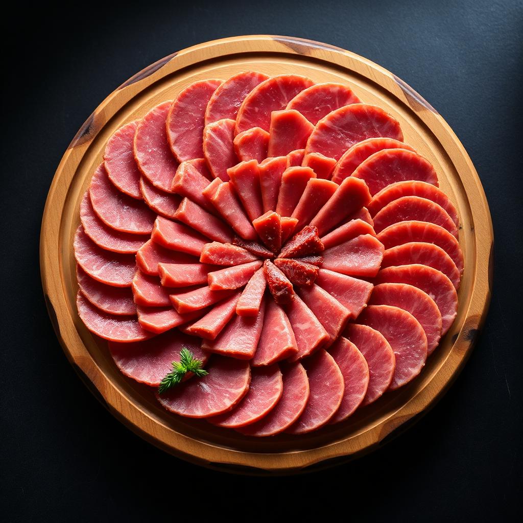 Large round 14 inch wooden board with concentric circles of sliced meats