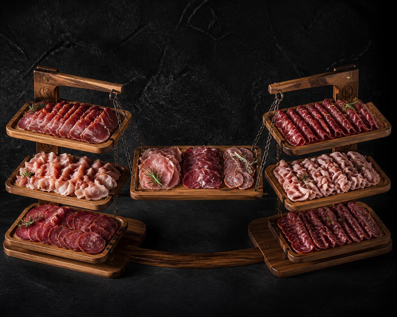 Two wooden multi-tier display stands connected by a suspended center tray, each level holding sliced meats